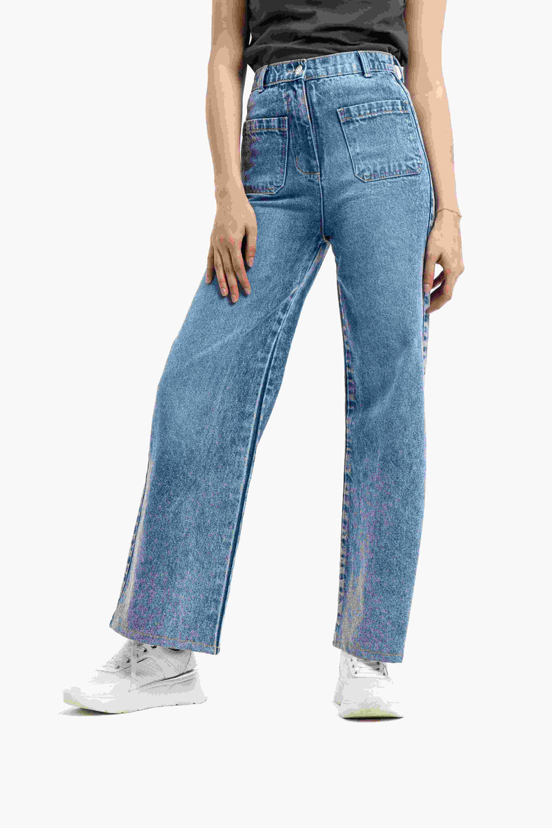 Wide Leg Jean with Patch Pocket - Mid Blue