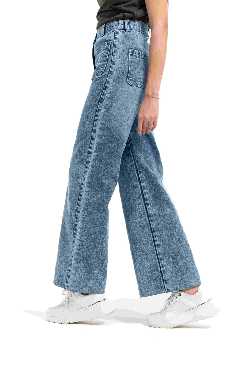 Wide Leg Jean with Patch Pocket - Mid Blue