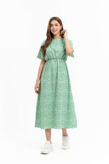 Elastic Waist Dress - Green White Printed