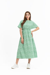 Elastic Waist Dress - Green White Printed