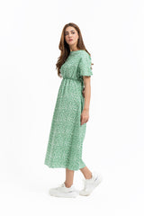 Elastic Waist Dress - Green White Printed