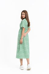 Elastic Waist Dress - Green White Printed