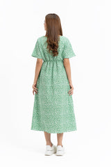 Elastic Waist Dress - Green White Printed