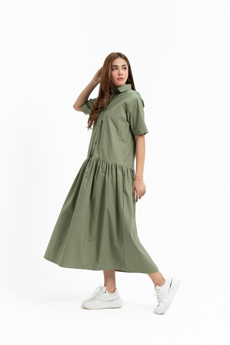 Short Sleeve Front Pocket Dress - Sage Green