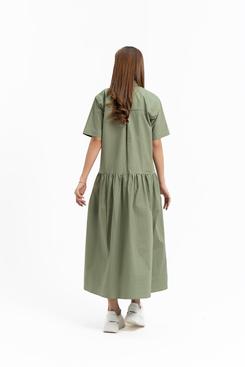 Short Sleeve Front Pocket Dress - Sage Green