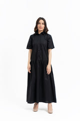 Short Sleeve Front Pocket Dress - Black