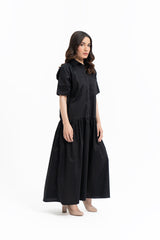 Short Sleeve Front Pocket Dress - Black