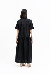 Short Sleeve Front Pocket Dress - Black