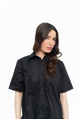 Short Sleeve Front Pocket Dress - Black