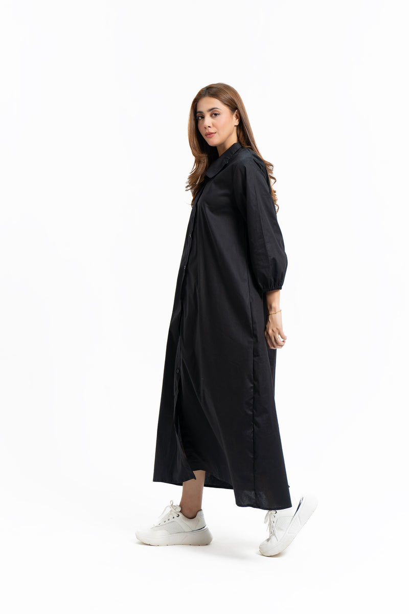 Collared Puff Sleeve Dress - Black