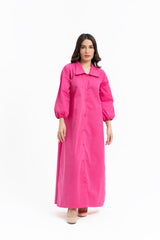 Collared Puff Sleeve Dress - Fuchsia Pink