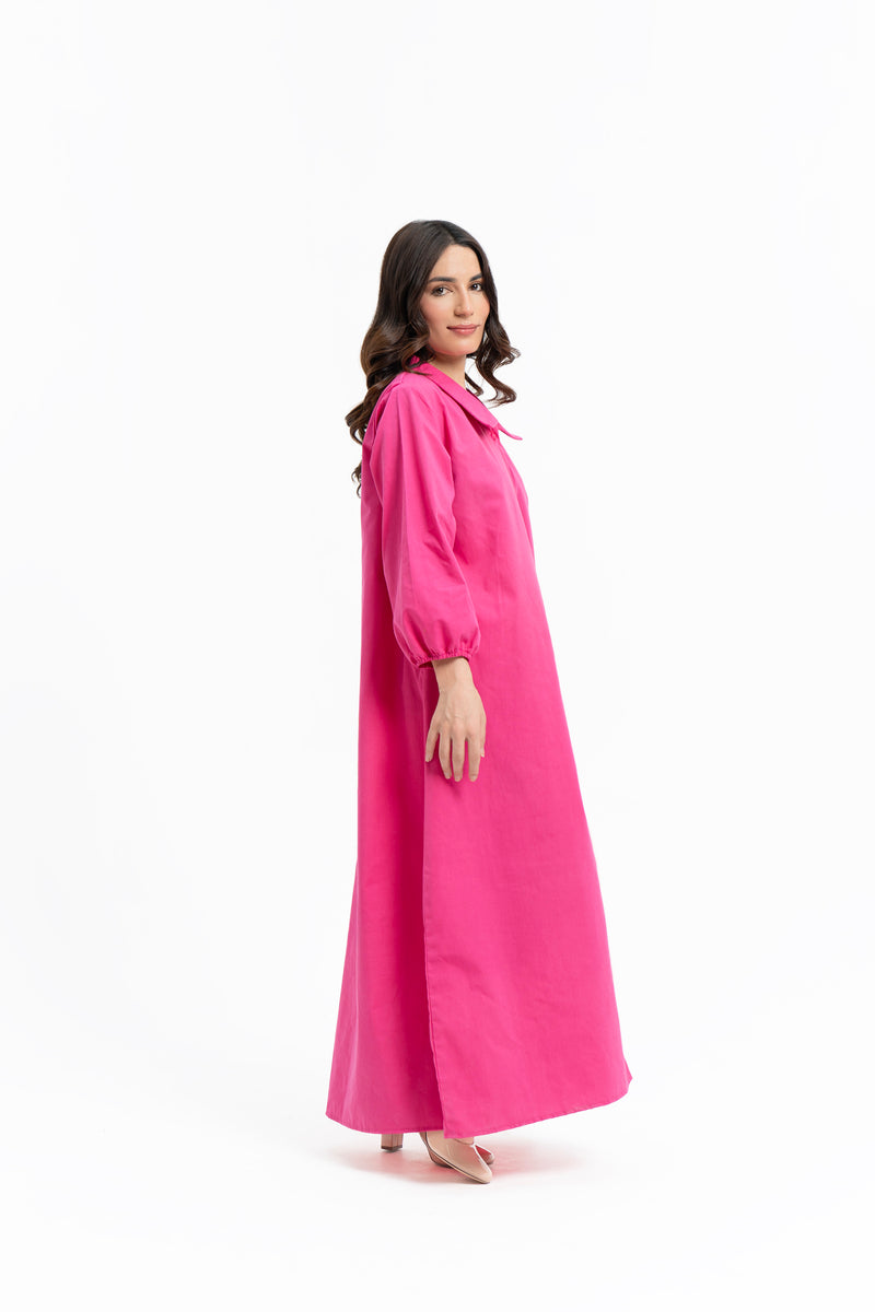 Collared Puff Sleeve Dress - Fuchsia Pink