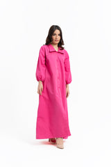 Collared Puff Sleeve Dress - Fuchsia Pink