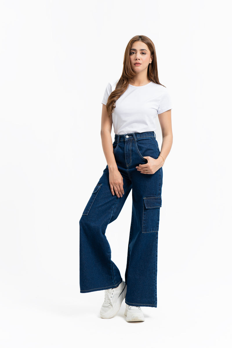 Wide Leg Cargo Jean - Dark Blue