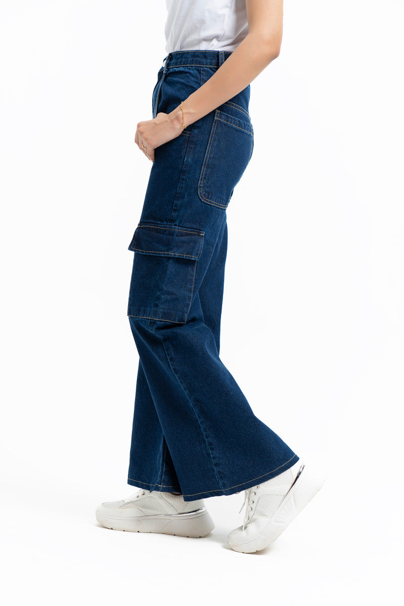 Wide Leg Cargo Jean - Dark Blue