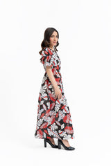 Front Button Maxi Dress - Red Black Printed