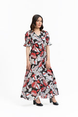 Front Button Maxi Dress - Red Black Printed