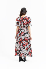 Front Button Maxi Dress - Red Black Printed