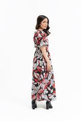 Front Button Maxi Dress - Red Black Printed