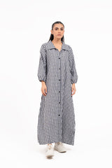 Collared Puff Sleeve Dress - Black White Gingham Check