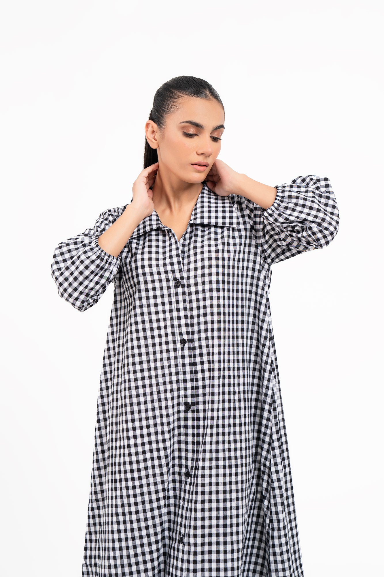 Collared Puff Sleeve Dress - Black White Gingham Check