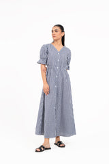 Front Button Maxi Dress - Blue White Gingham Check