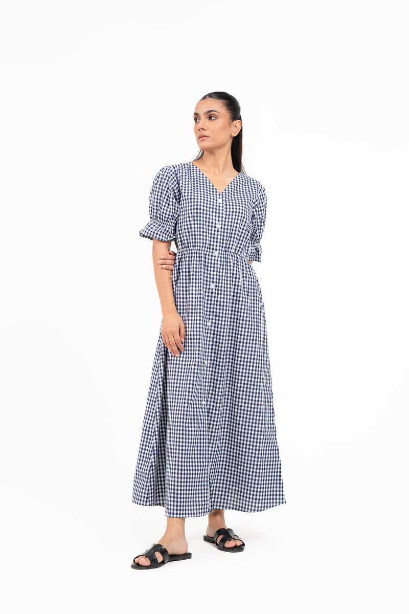 Front Button Maxi Dress - Blue White Gingham Check