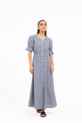 Front Button Maxi Dress - Blue White Gingham Check