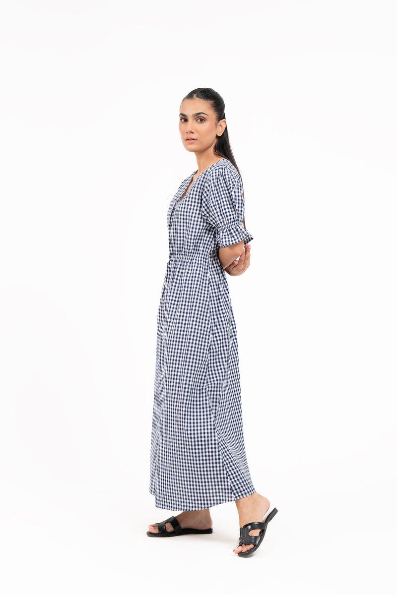 Front Button Maxi Dress - Blue White Gingham Check