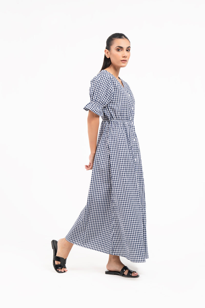 Front Button Maxi Dress - Blue White Gingham Check