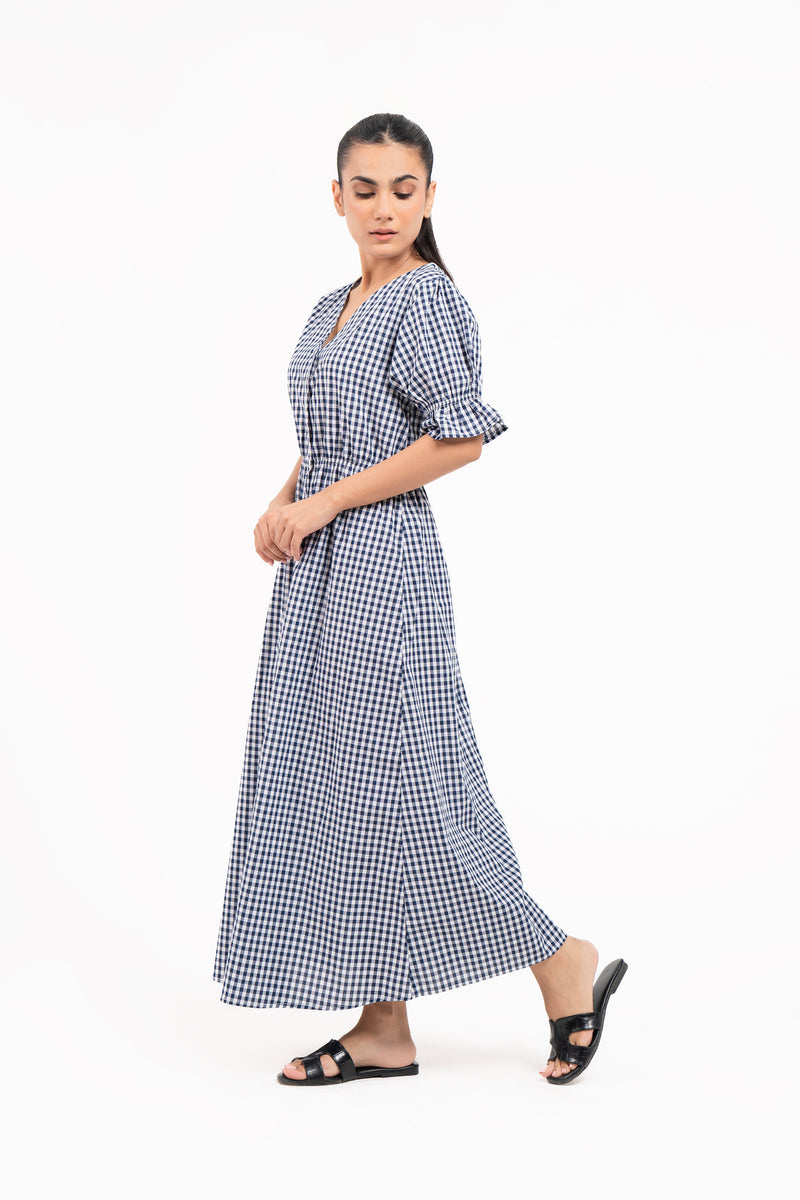 Front Button Maxi Dress - Blue White Gingham Check