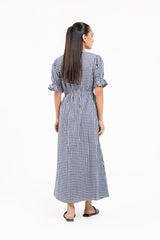 Front Button Maxi Dress - Blue White Gingham Check