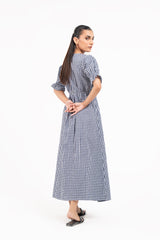 Front Button Maxi Dress - Blue White Gingham Check