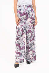 High Waisted Silk Pants - Purple & white Floral