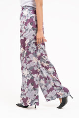 High Waisted Silk Pants - Purple & white Floral