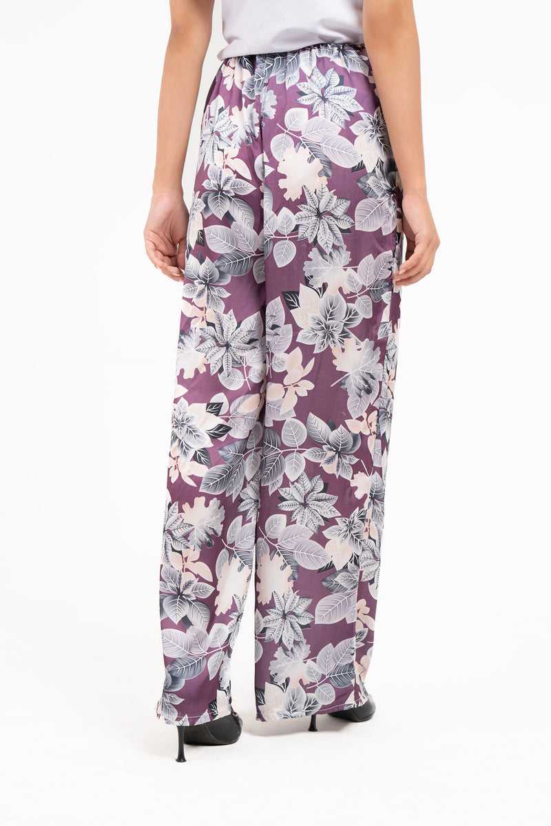 High Waisted Silk Pants - Purple & white Floral