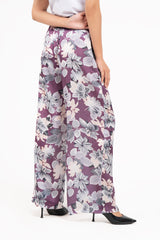 High Waisted Silk Pants - Purple & white Floral