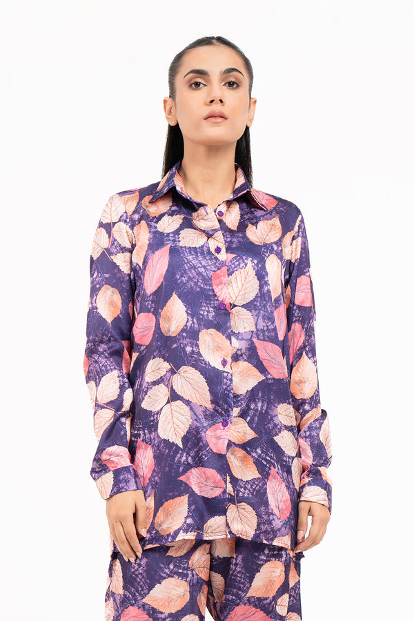 Silk Long Sleeve Shirt - Purple with Pink Leaves