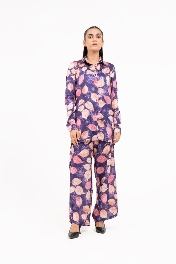 Silk Long Sleeve Shirt - Purple with Pink Leaves