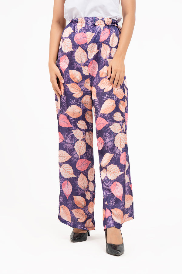 High Waisted Silk Pants - Purple with Pink Leaves