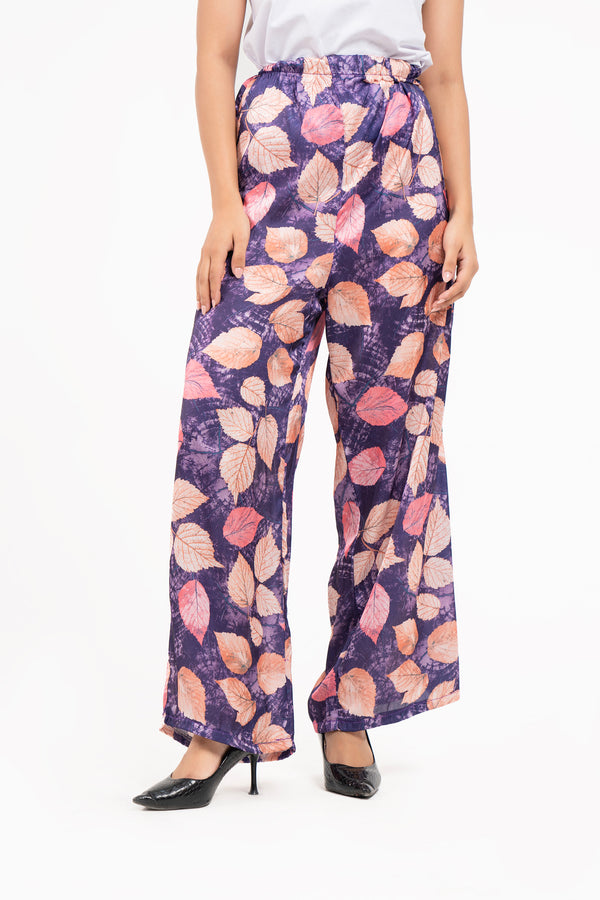 High Waisted Silk Pants - Purple with Pink Leaves