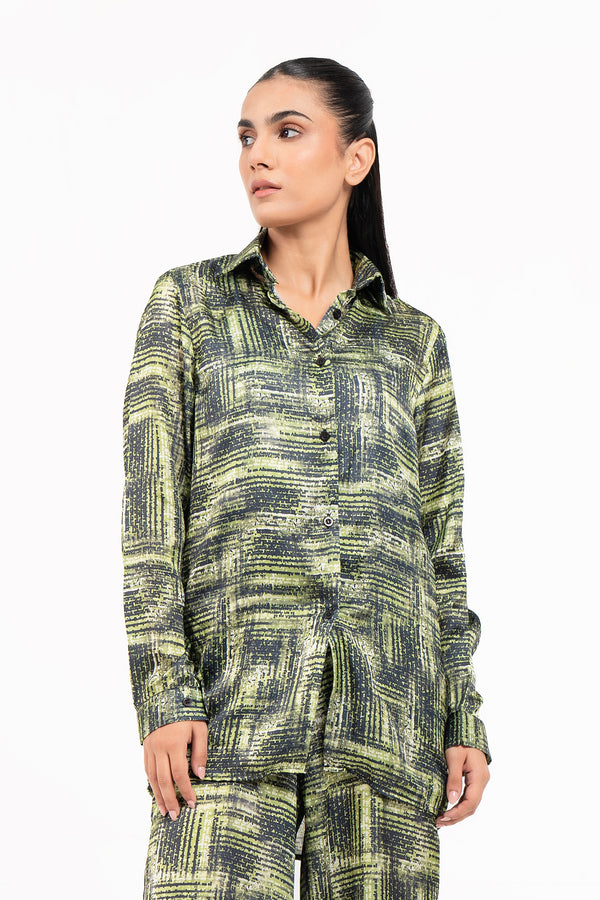 Silk Long Sleeve Shirt - Green & Black Geometric Print