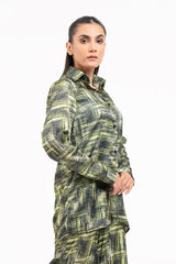 Silk Long Sleeve Shirt - Green & Black Geometric Print