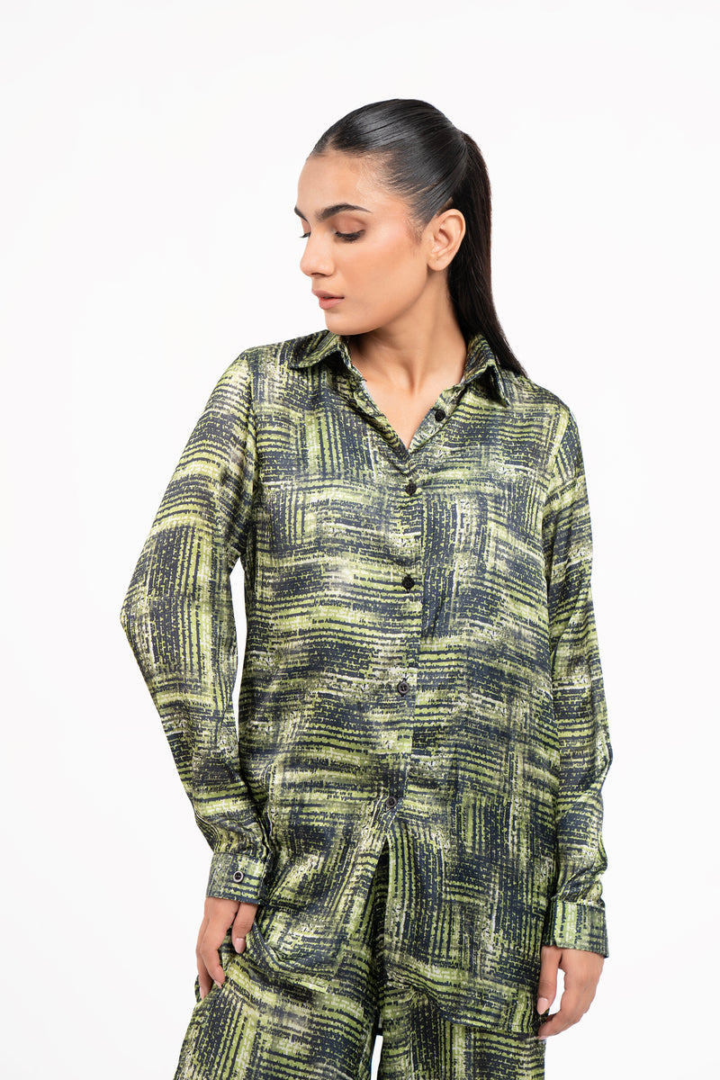 Silk Long Sleeve Shirt - Green & Black Geometric Print