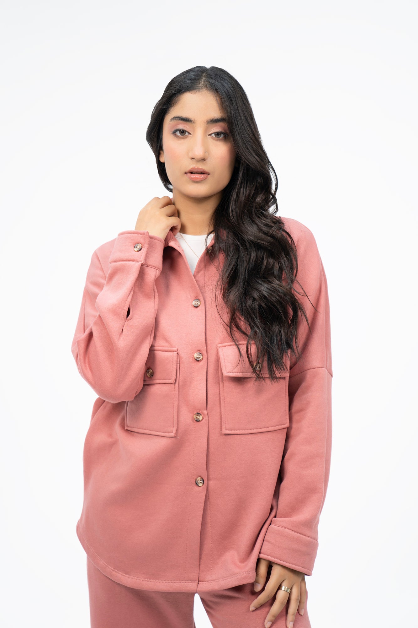 Fleece Overshirts with Pockets - Tea Pink