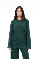 V Neck Oversized Knit Top - Dark Green