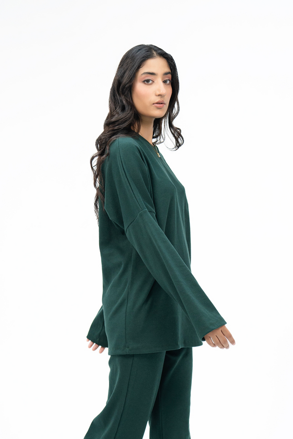 V Neck Oversized Knit Top - Dark Green