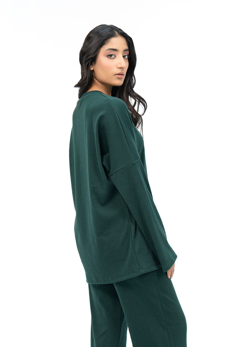 V Neck Oversized Knit Top - Dark Green