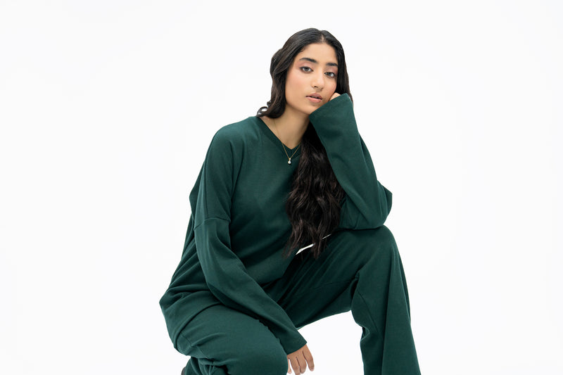 V Neck Oversized Knit Top - Dark Green