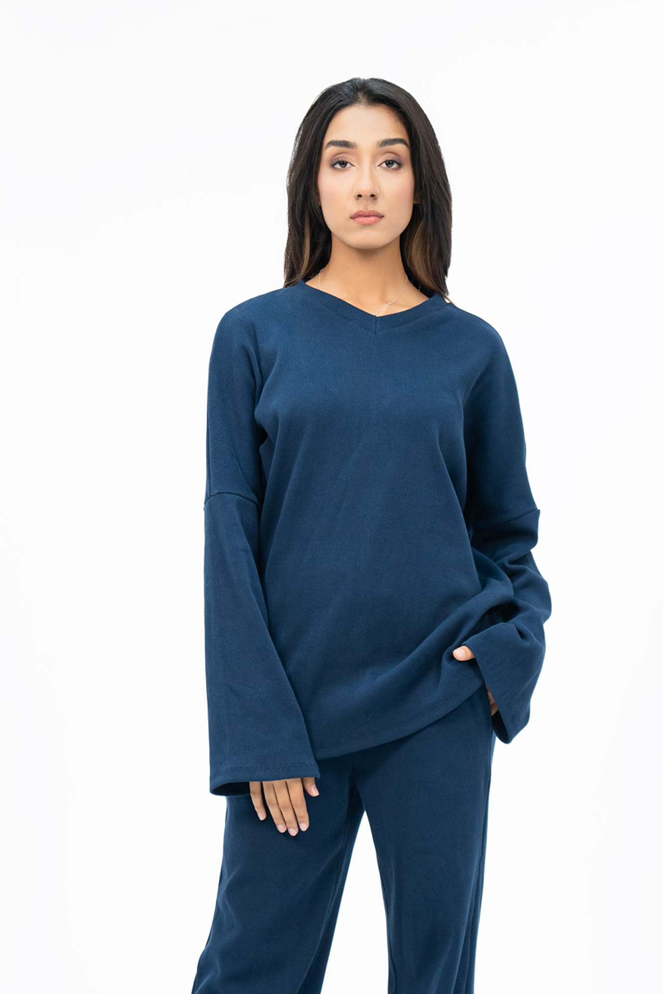 V Neck Oversized Knit Top - Navy Blue